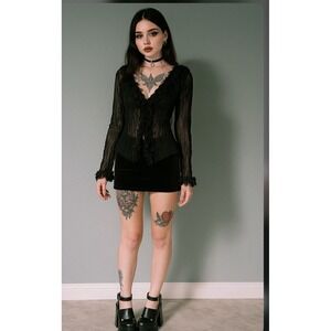 Punk Rave L Goth Rock Coquette Black L/S Shirt Tops Steampunk Sheer Y2k Collar